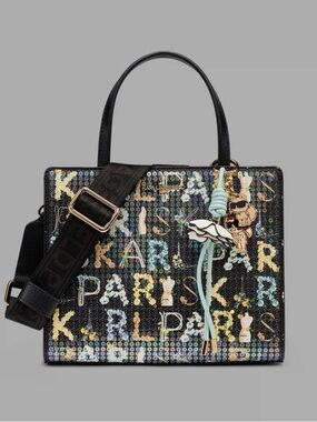 Karl Lagerfeld RARE Maybelle Satchel Black Sequin crossbody guitar strap NWT